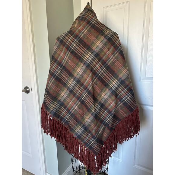 Unbranded Accessories - Vintage Plaid Wool Shaw Fringe Triangle brown rust gray olive green 82”x82”